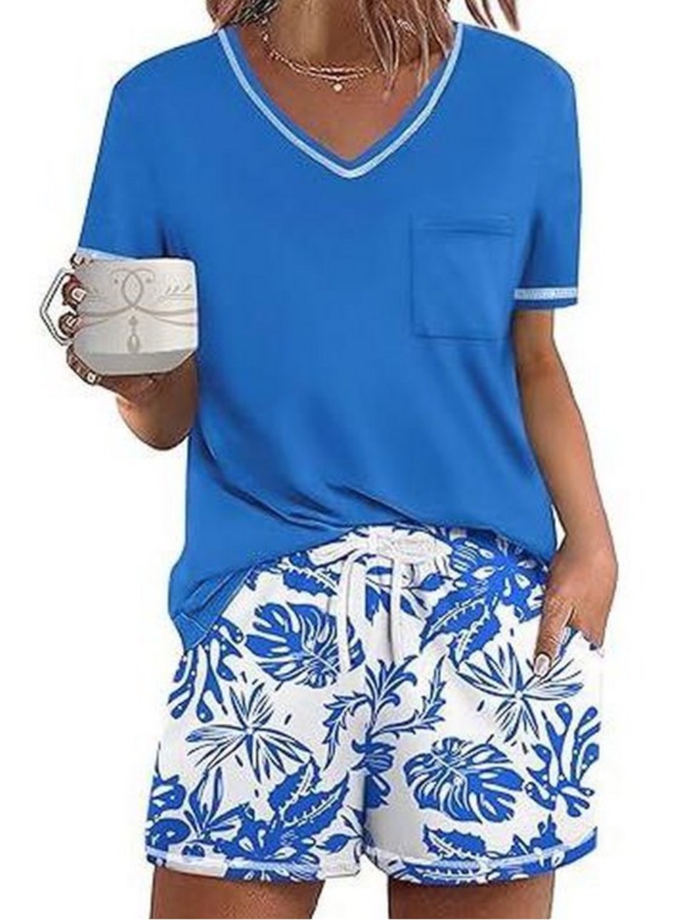 Ekouaer Blue V-Neck Sleep Tee and Floral Shorts Pajama Set 7
